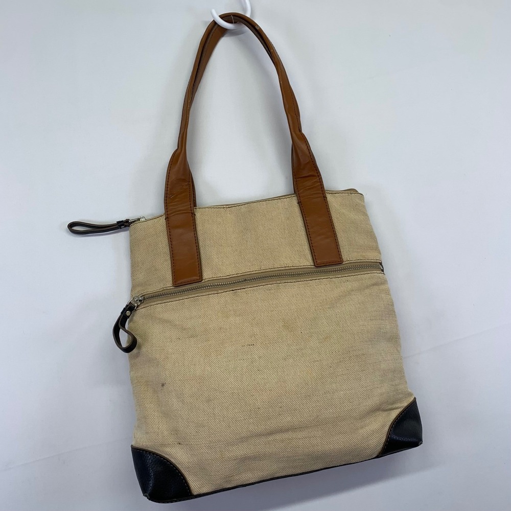 Fossil Tan Canvas Leather Trim Small Tote Bag‎ Purse Handbag Zip Closure